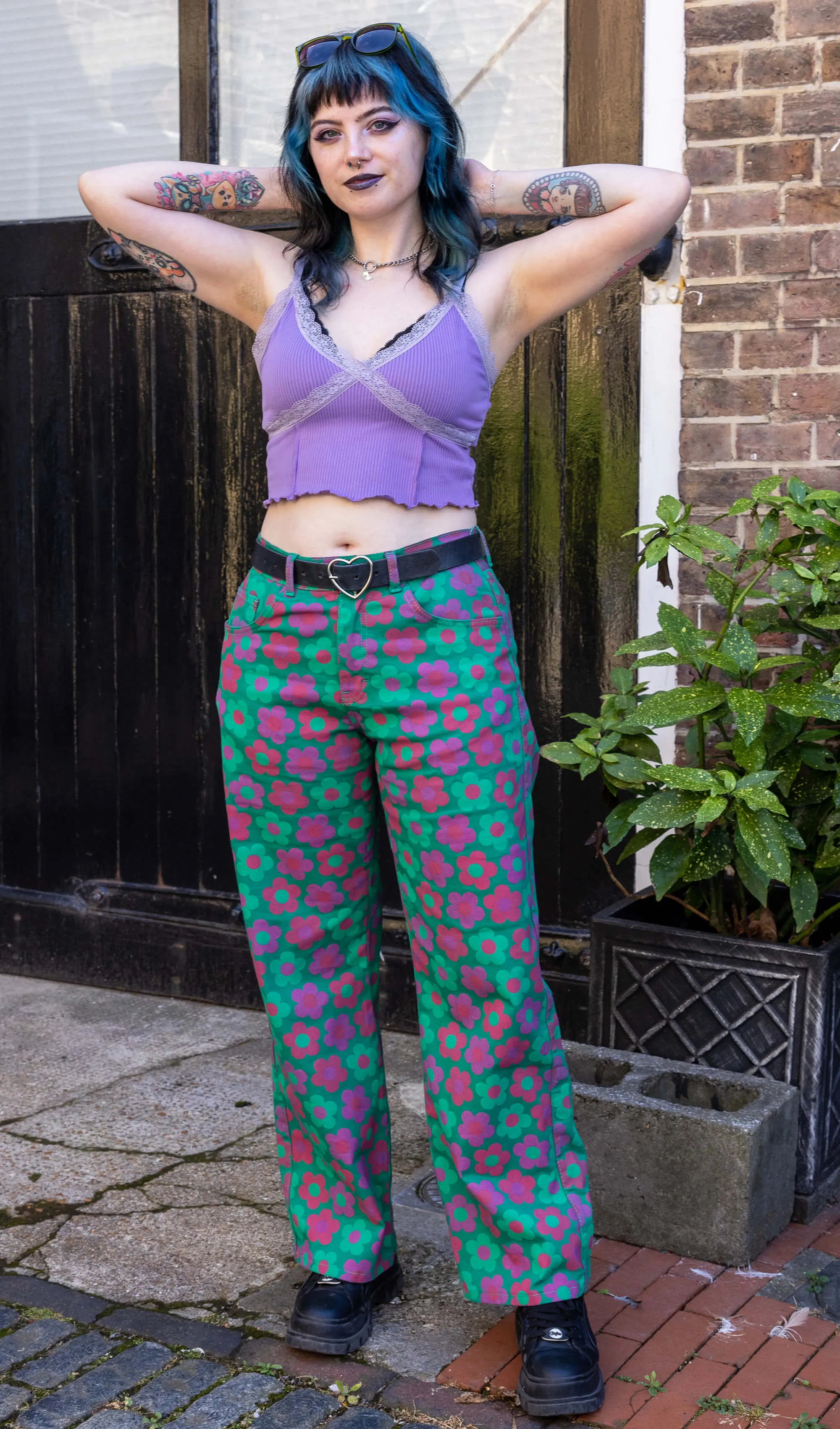 90's Green Magic Flower Wide Leg Stretch Jeans