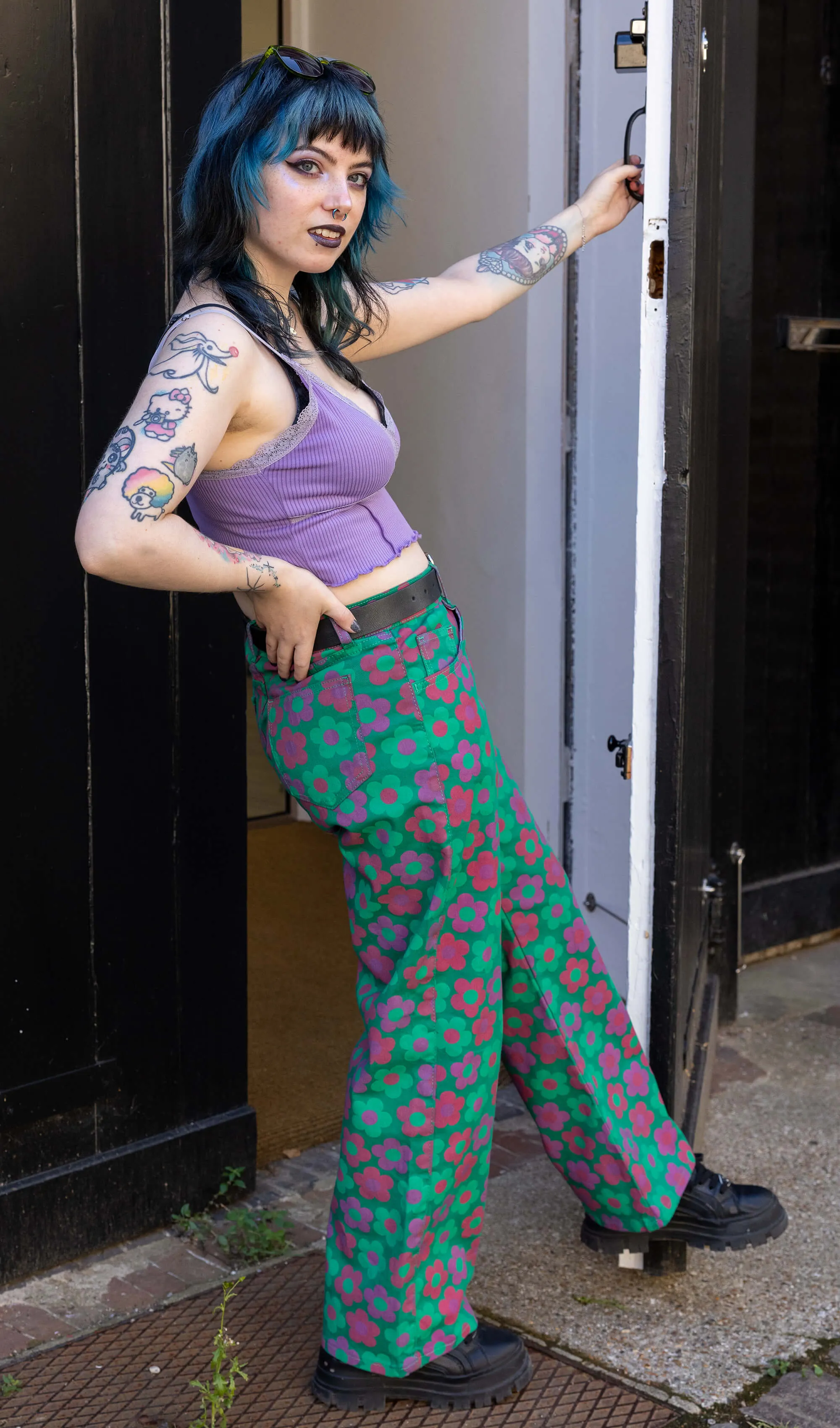 90's Green Magic Flower Wide Leg Stretch Jeans