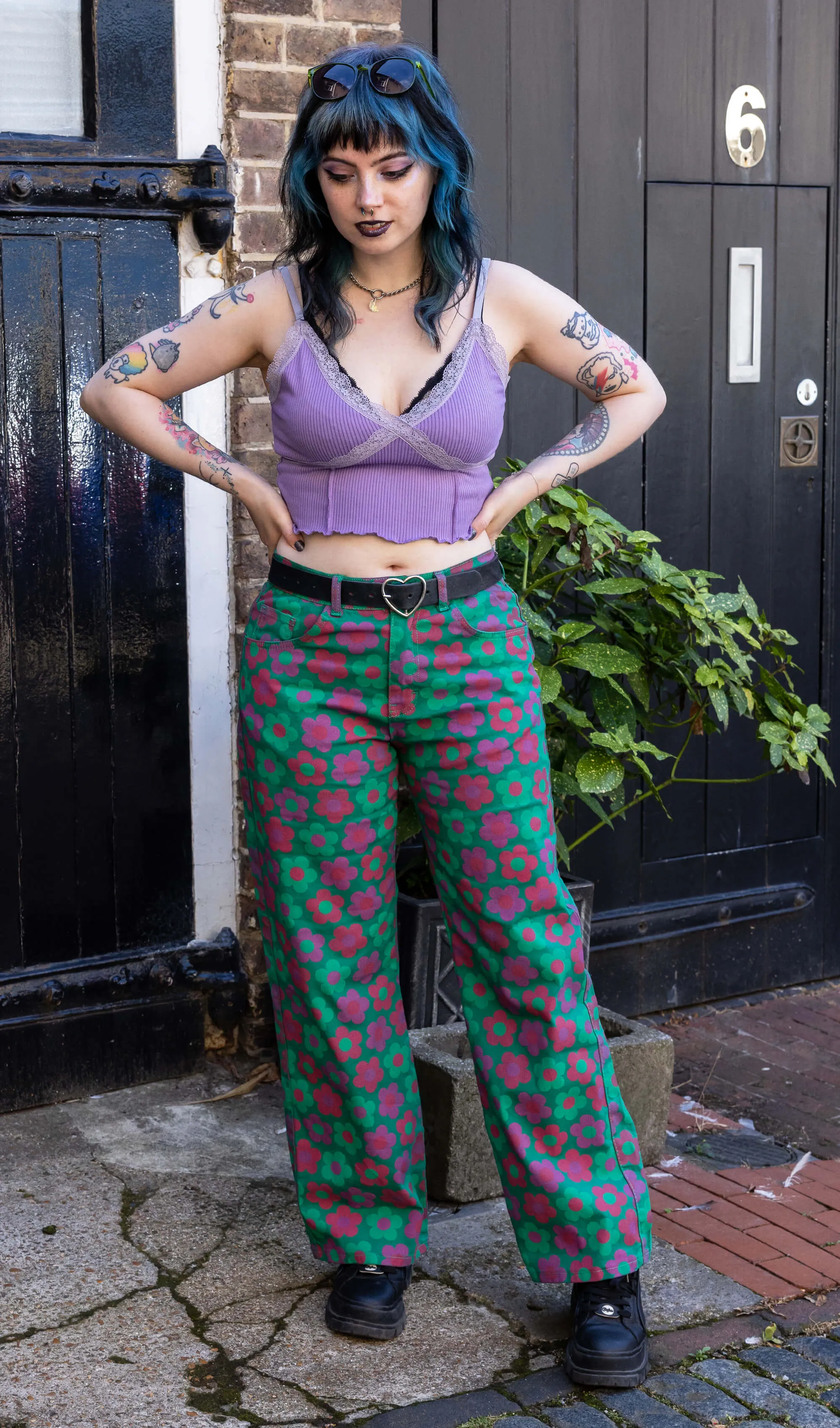 90's Green Magic Flower Wide Leg Stretch Jeans