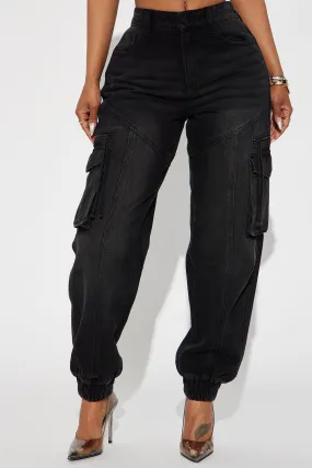 Angel In Disguise Cargo Denim Joggers - Black Wash