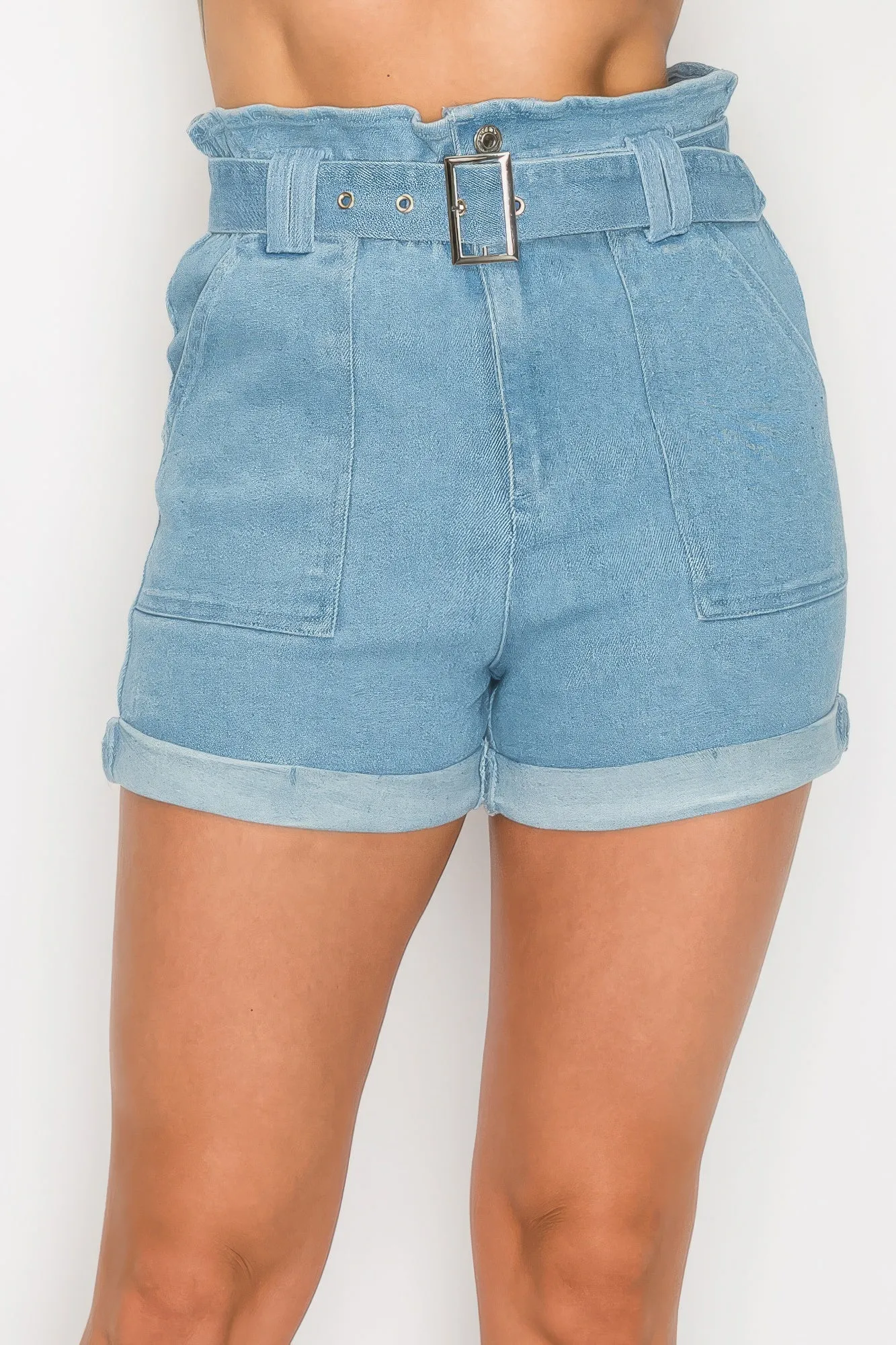 Belted Paperbag Denim Shorts