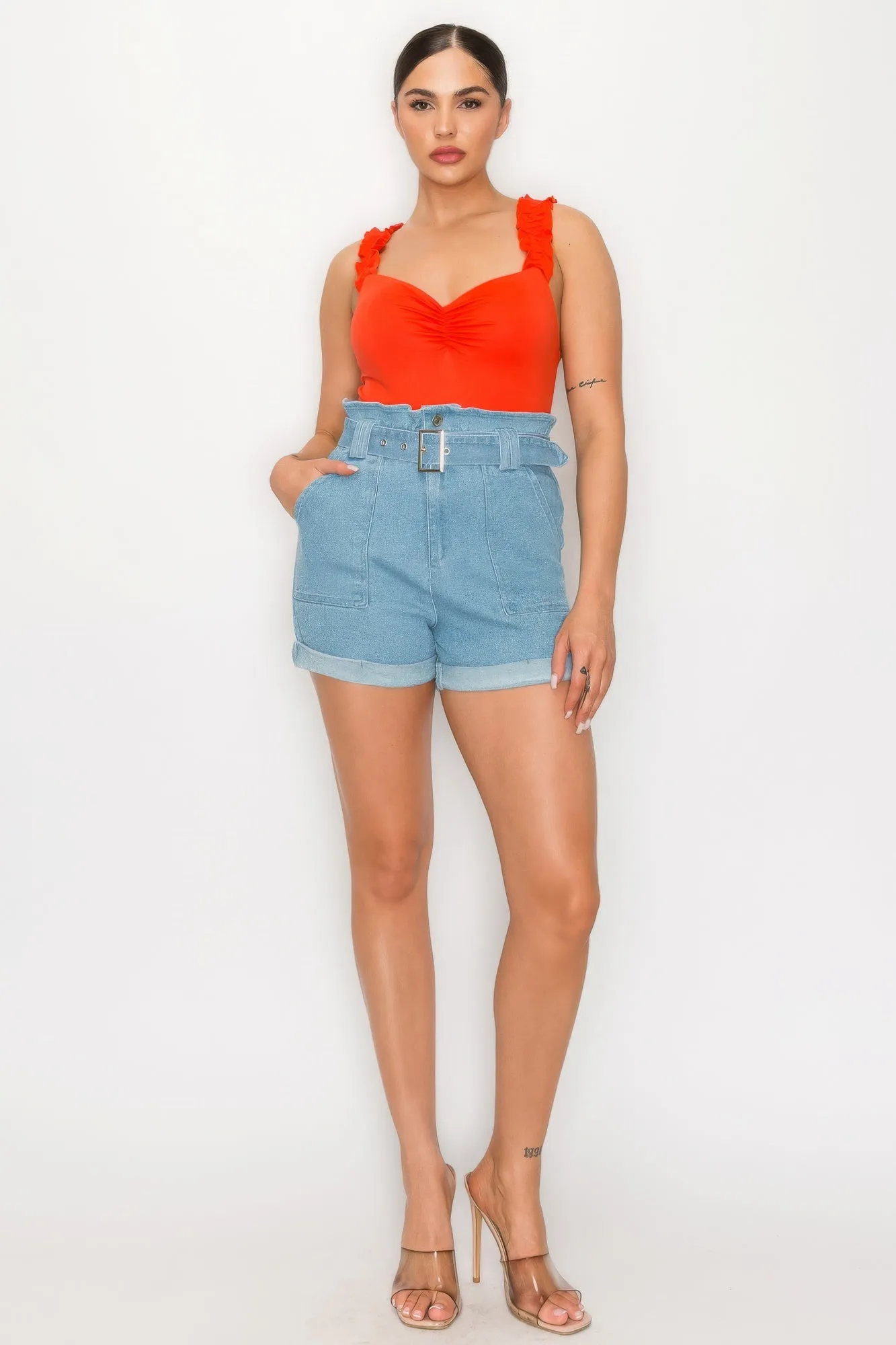 Belted Paperbag Denim Shorts