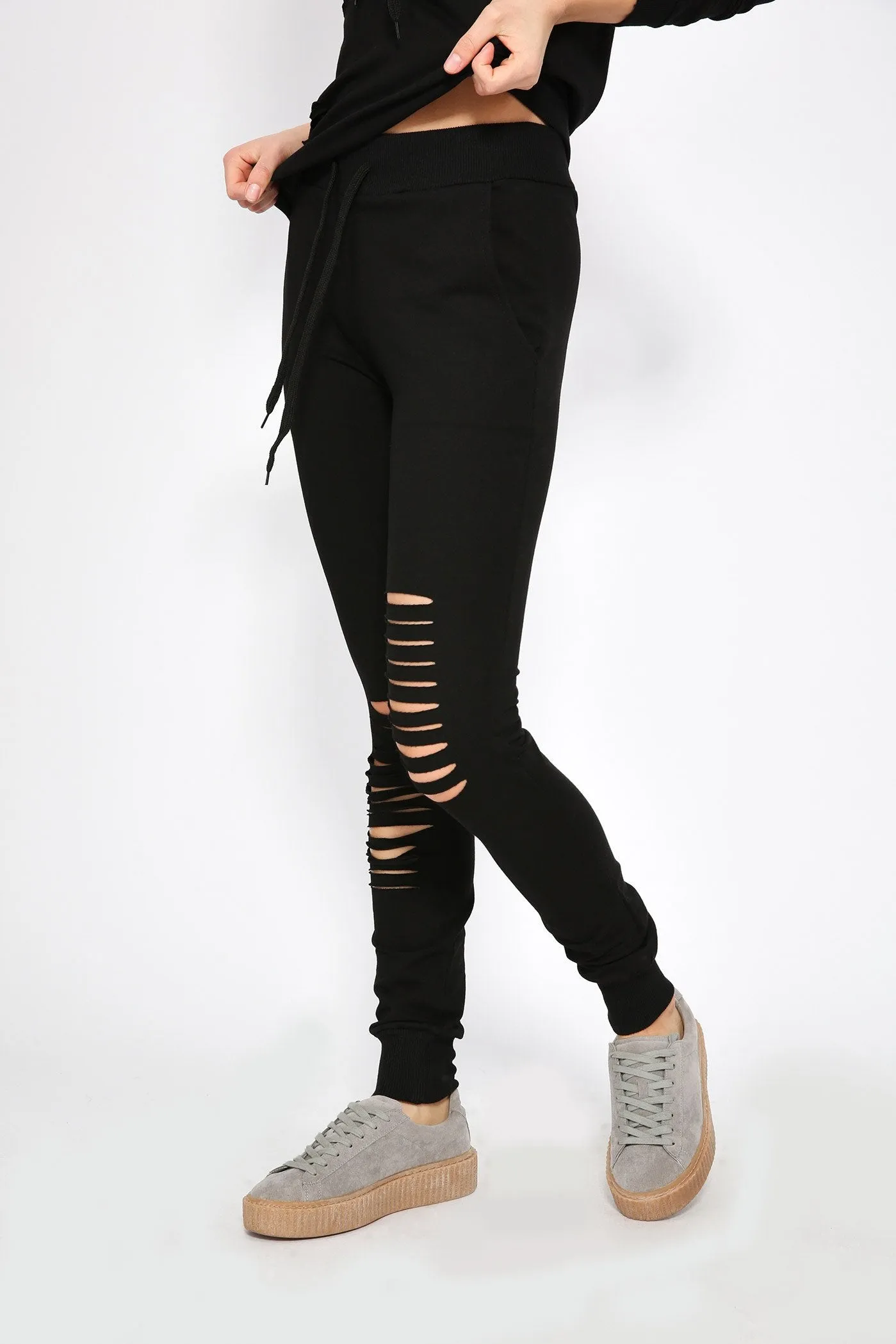 Black Distressed Jogger With Ribbed Waist And Cuff