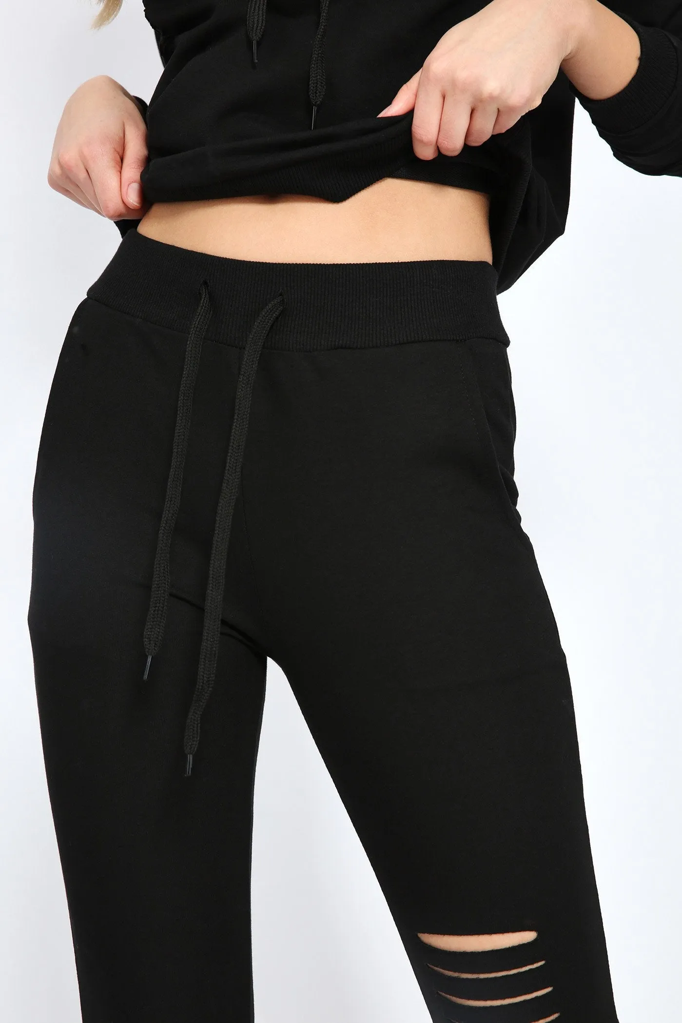 Black Distressed Jogger With Ribbed Waist And Cuff