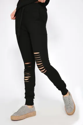 Black Distressed Jogger With Ribbed Waist And Cuff