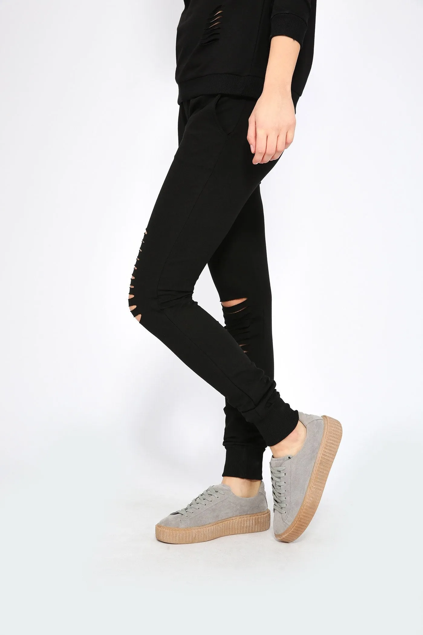 Black Distressed Jogger With Ribbed Waist And Cuff