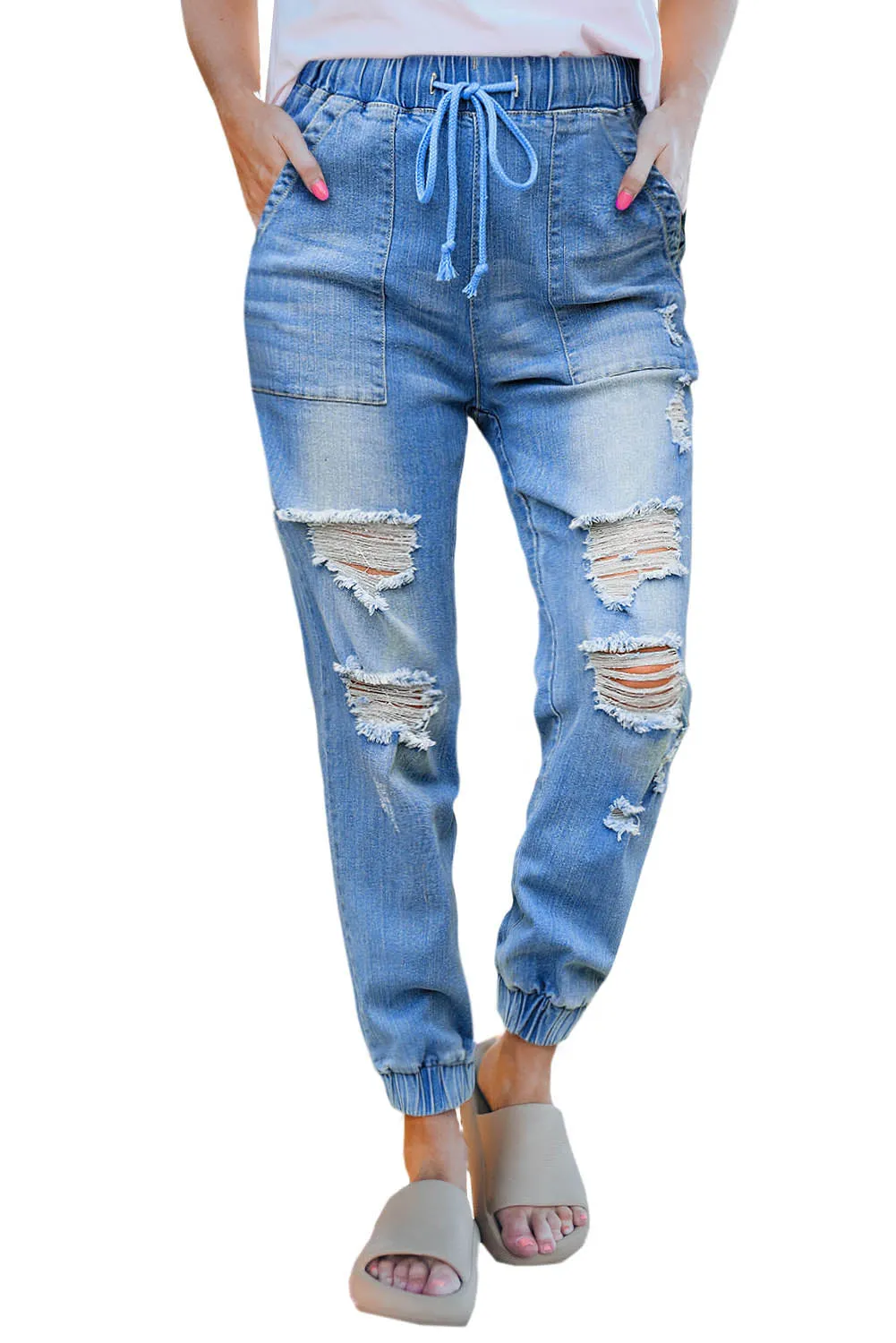 Blue Pocketed Distressed Denim Joggers