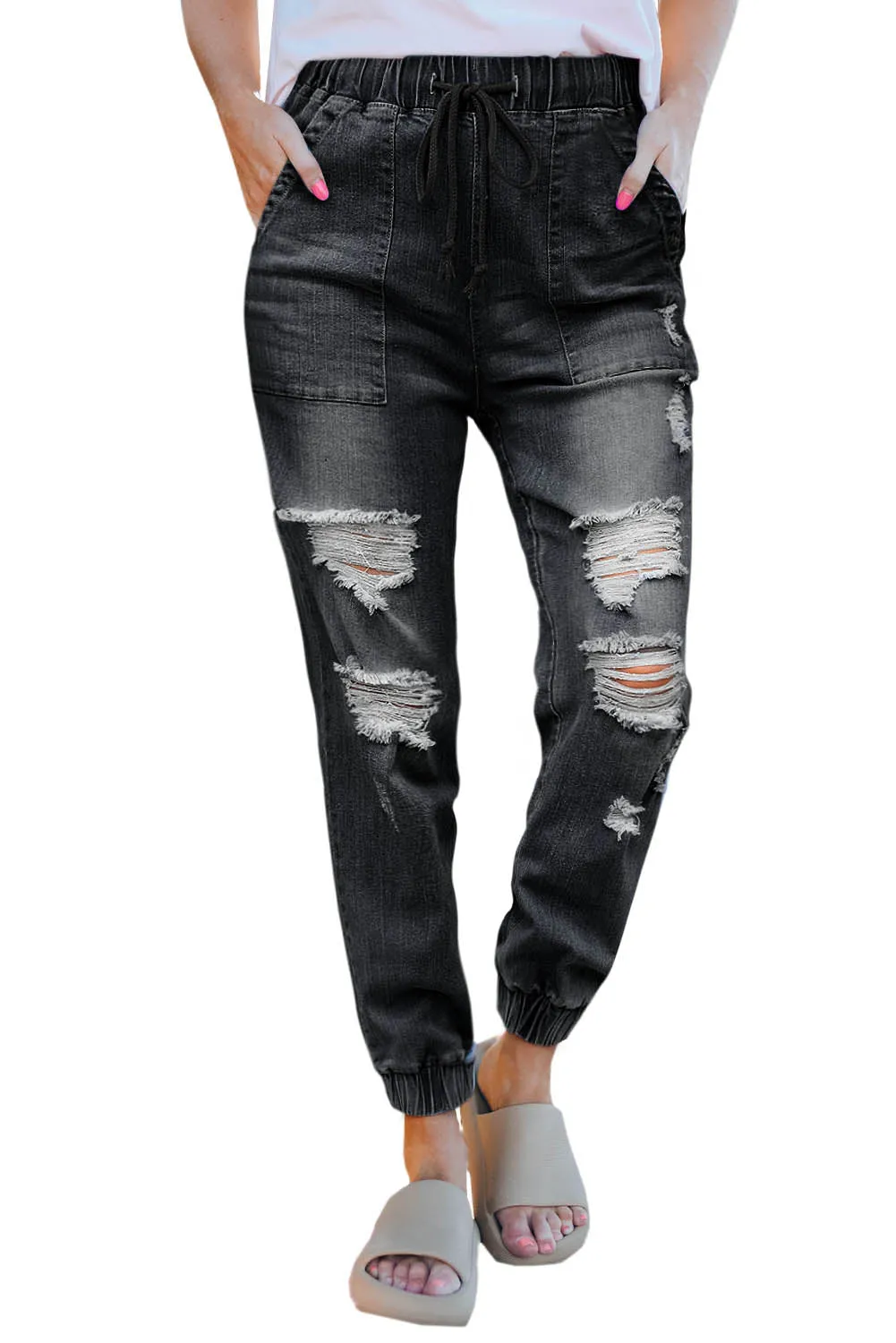 Blue Pocketed Distressed Denim Joggers