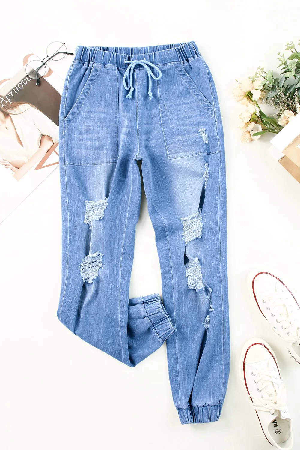 Blue Pocketed Distressed Denim Joggers