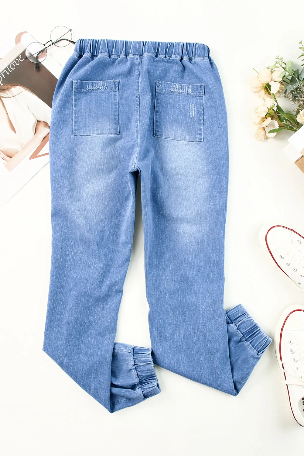 Blue Pocketed Distressed Denim Joggers