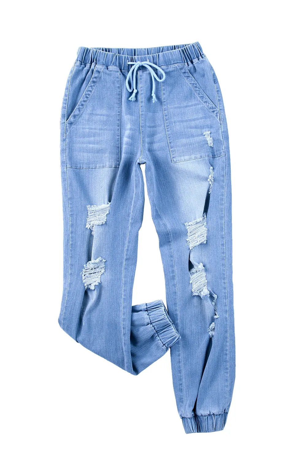 Blue Pocketed Distressed Denim Joggers