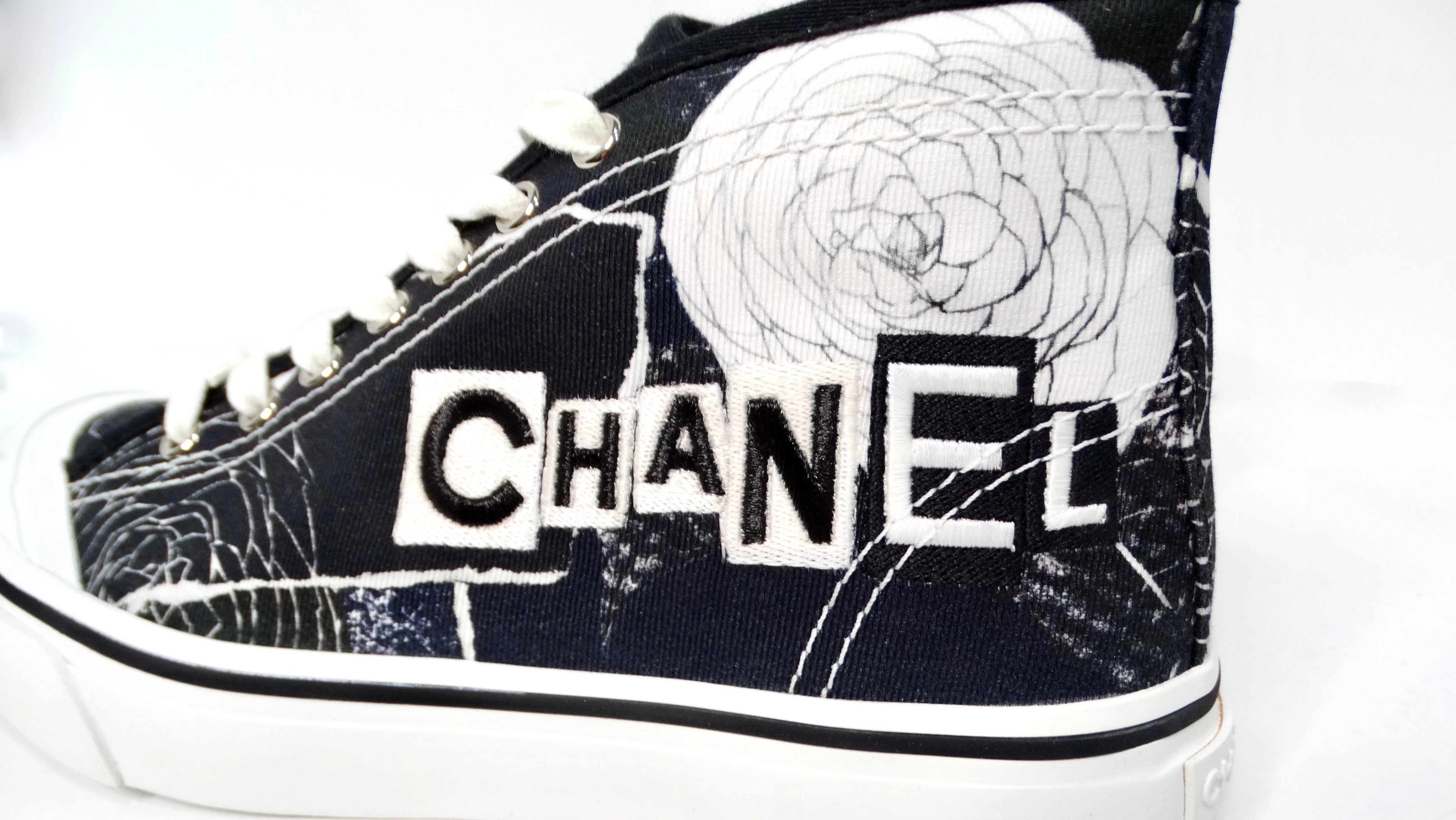 Chanel Black & White Printed Fabric High-Top Camellia Sneakers