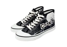 Chanel Black & White Printed Fabric High-Top Camellia Sneakers