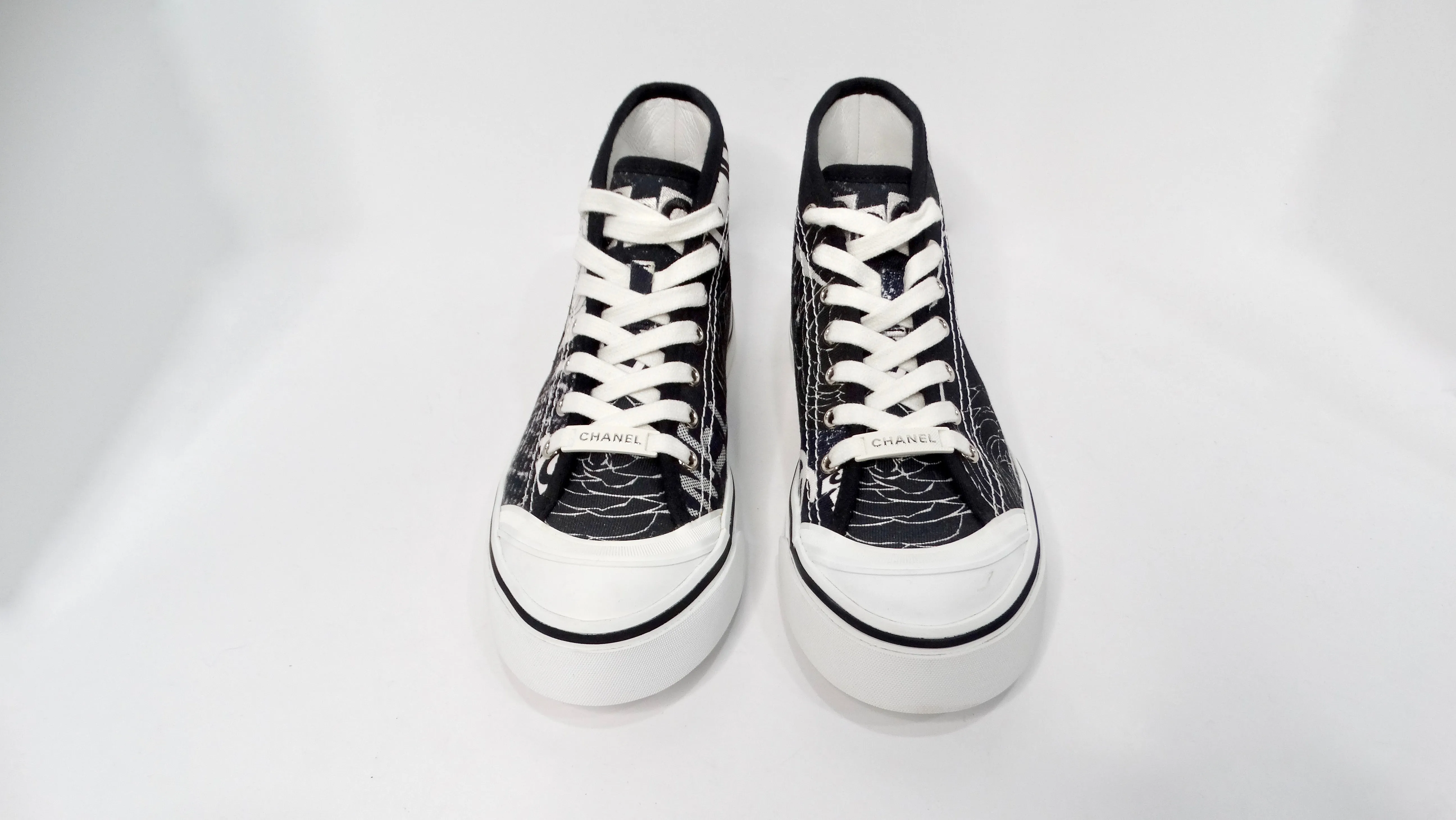 Chanel Black & White Printed Fabric High-Top Camellia Sneakers