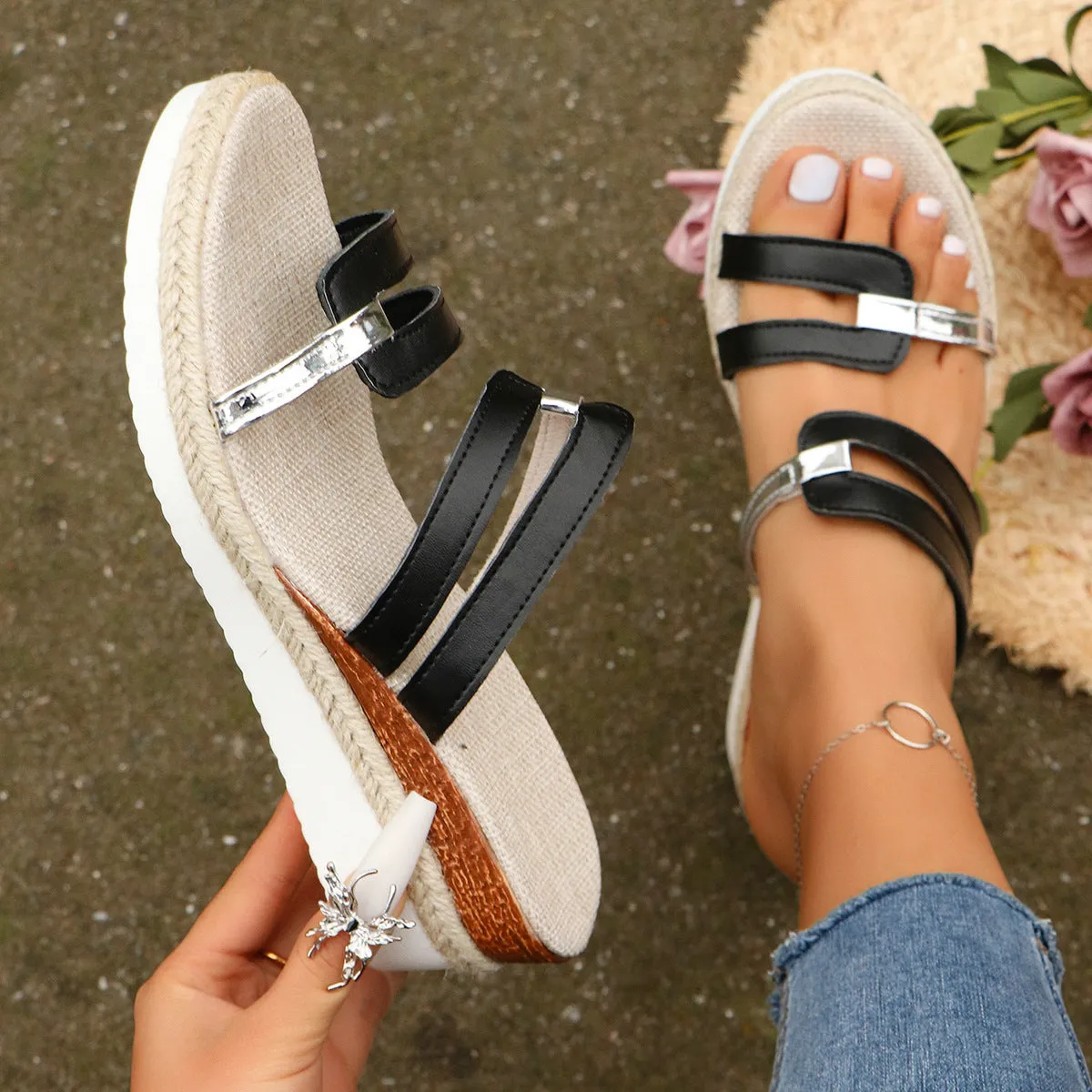 Colorblock-strap Wedges Sandals Summer Fashion Hemp