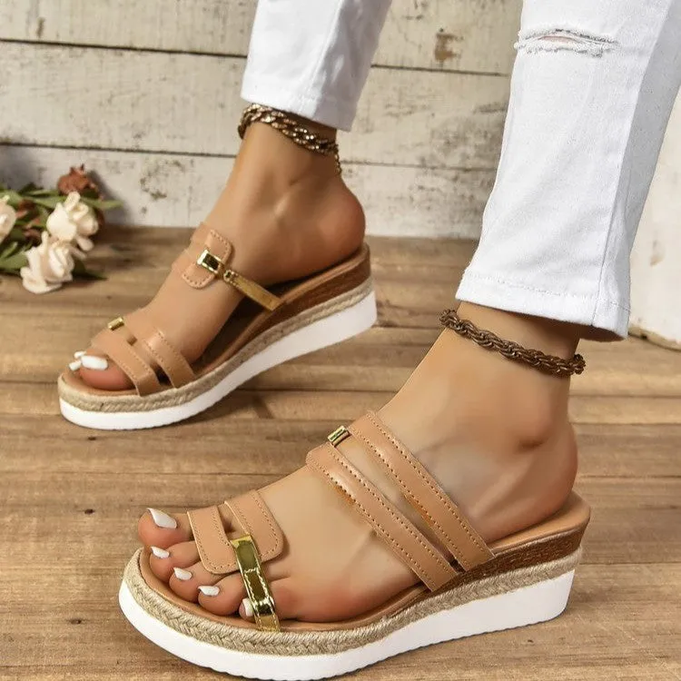 Colorblock-strap Wedges Sandals Summer Fashion Hemp