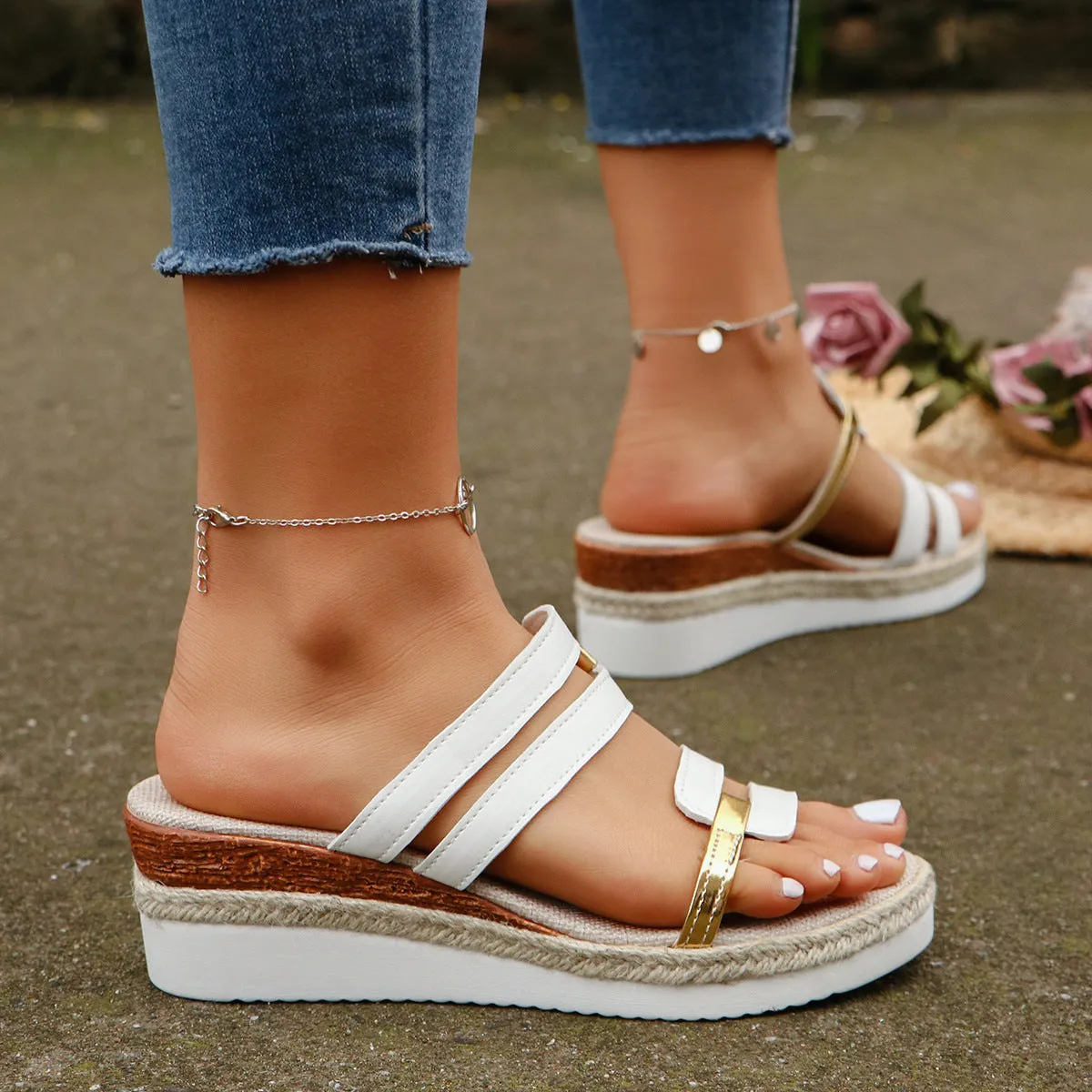 Colorblock-strap Wedges Sandals Summer Fashion Hemp