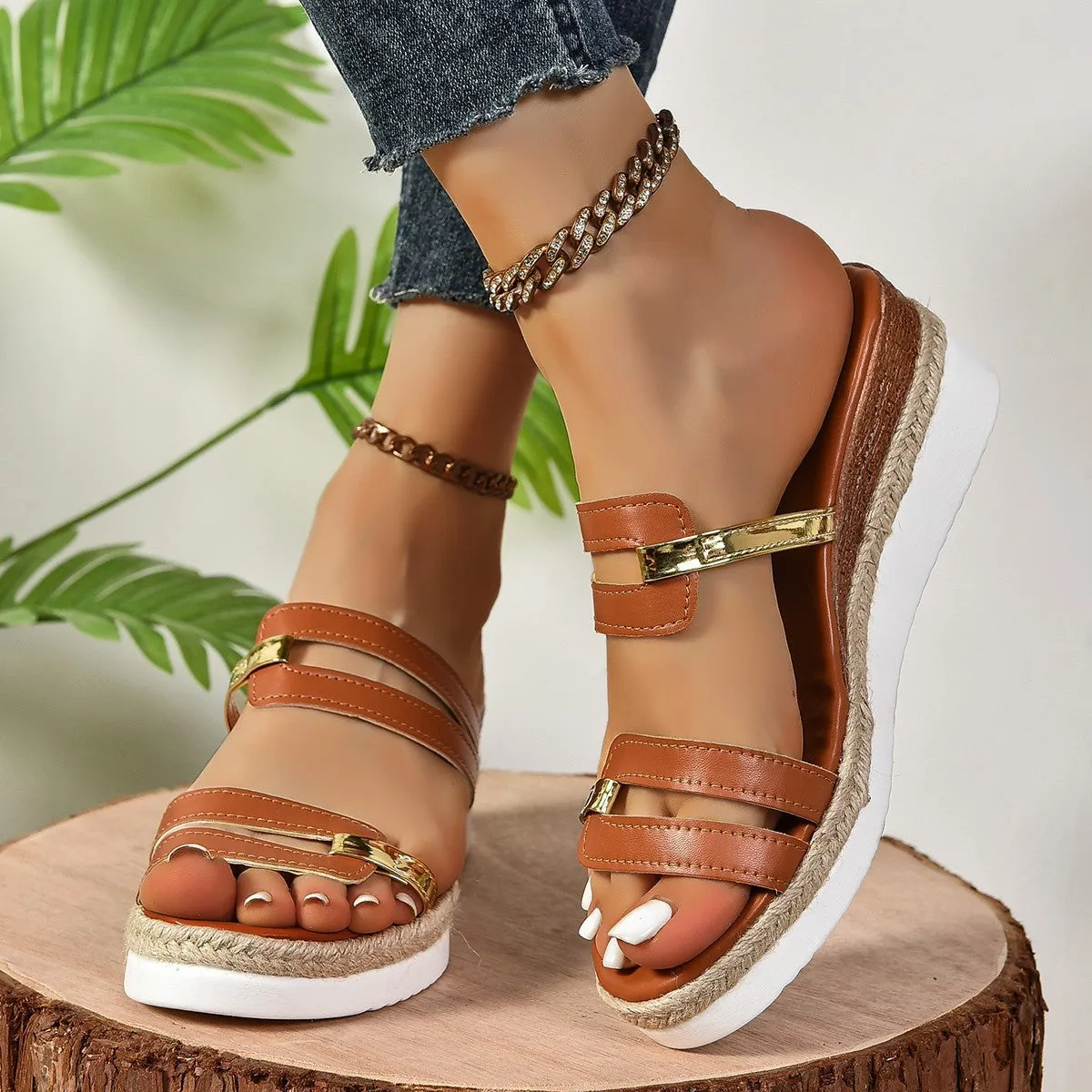 Colorblock-strap Wedges Sandals Summer Fashion Hemp