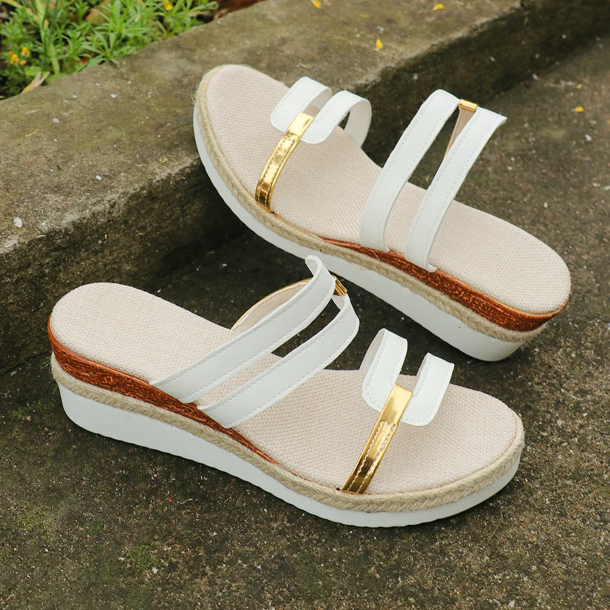 Colorblock-strap Wedges Sandals Summer Fashion Hemp