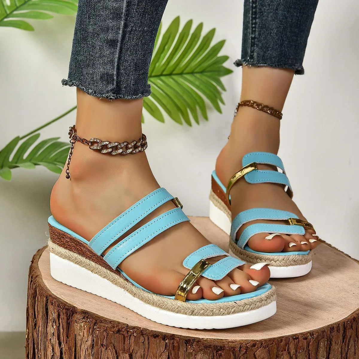 Colorblock-strap Wedges Sandals Summer Fashion Hemp