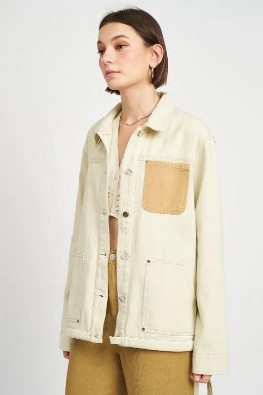 Contrasted Cream Denim Jean Jacket with Drawstring Waist