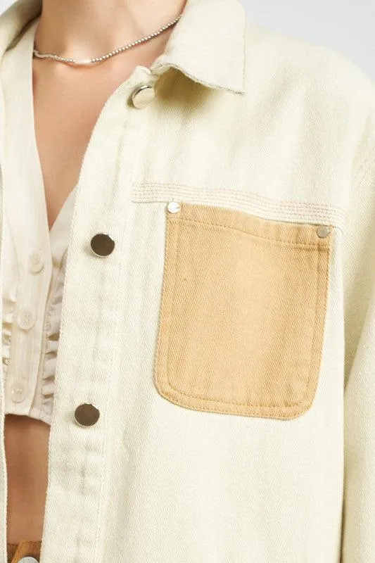 Contrasted Cream Denim Jean Jacket with Drawstring Waist