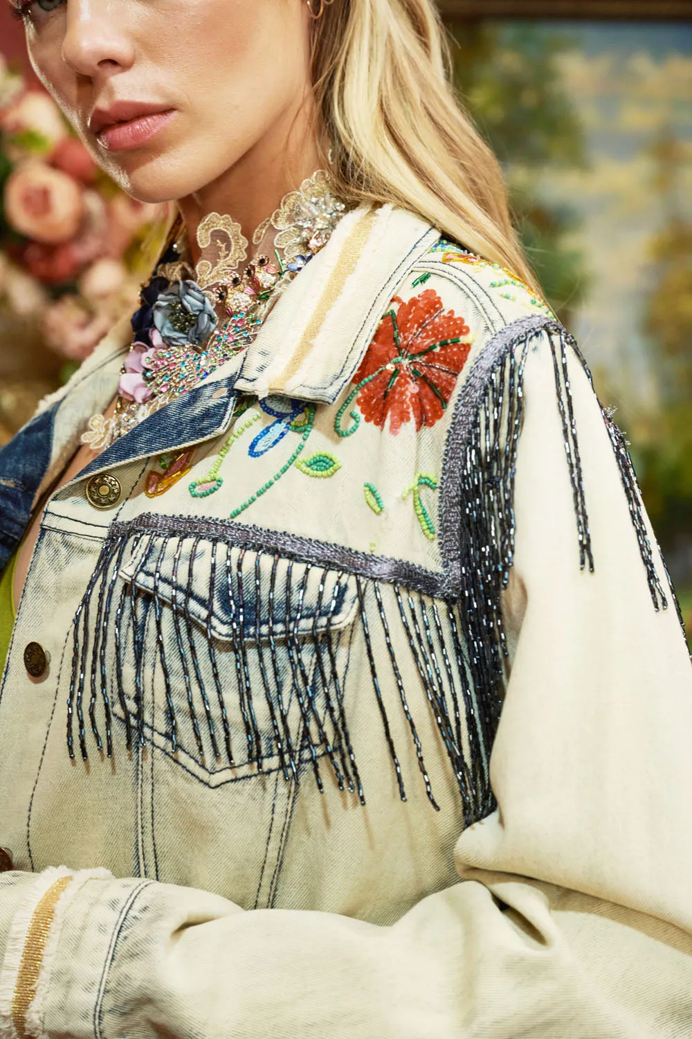 Country Queen Embellished Denim Jacket by Aratta