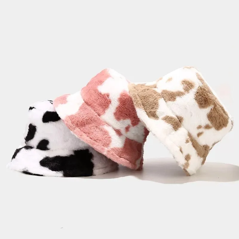 Cow Print Plush Bucket Hats.