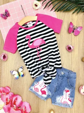 Fancy Flamingo Patched Denim Shorts Set