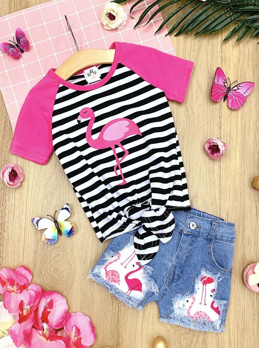 Fancy Flamingo Patched Denim Shorts Set