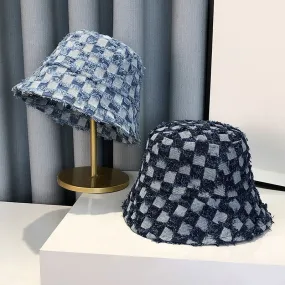 Fringed Checkerboard Denim Bucket Hats - 3 Colors