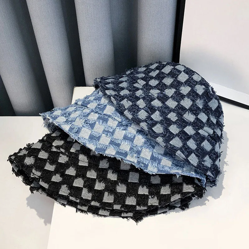 Fringed Checkerboard Denim Bucket Hats - 3 Colors