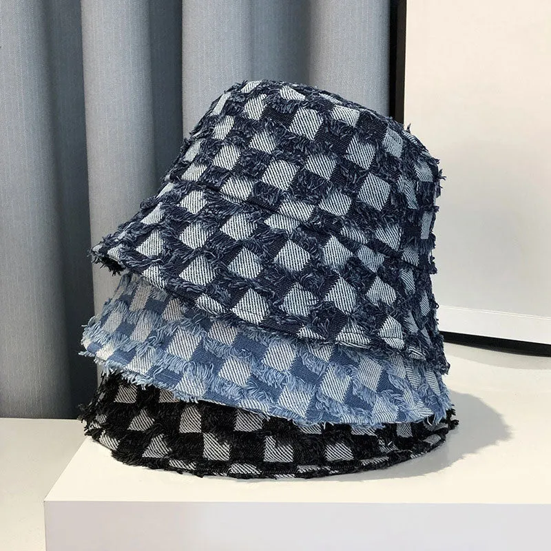 Fringed Checkerboard Denim Bucket Hats - 3 Colors