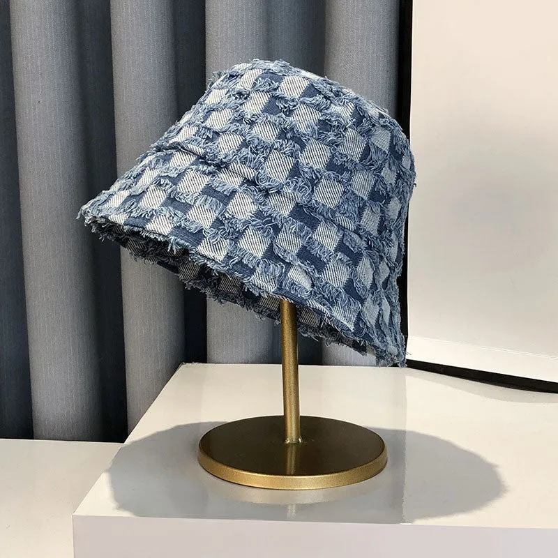 Fringed Checkerboard Denim Bucket Hats - 3 Colors