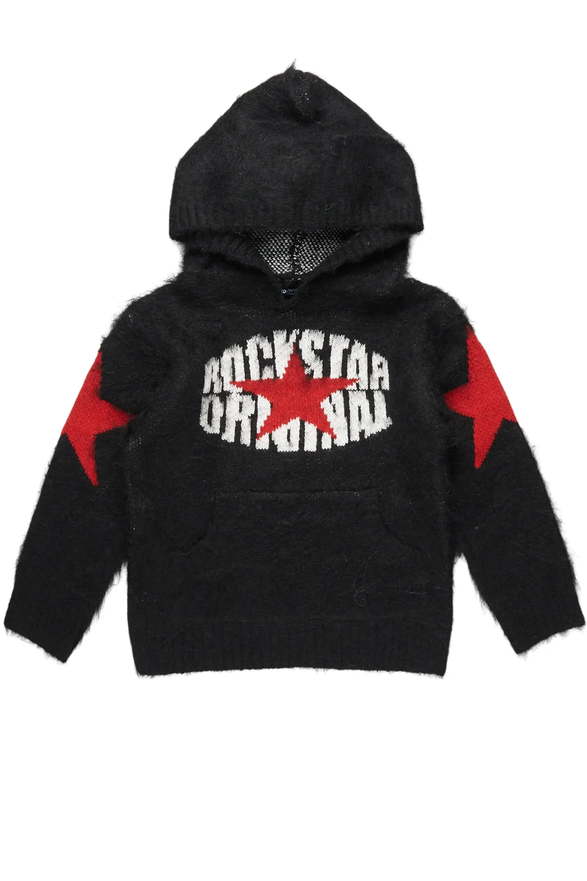 Girls States Black Graphic Knitted Mohair Hoodies