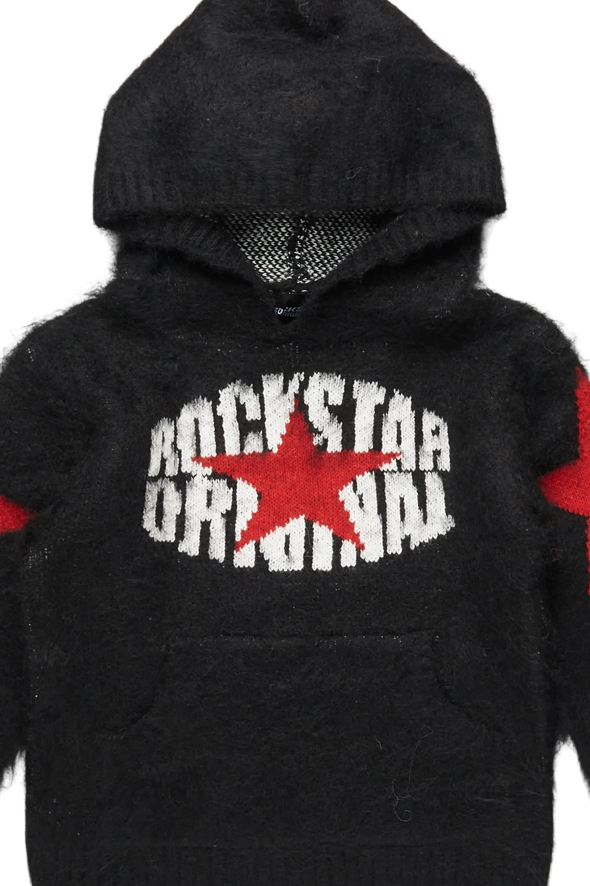 Girls States Black Graphic Knitted Mohair Hoodies