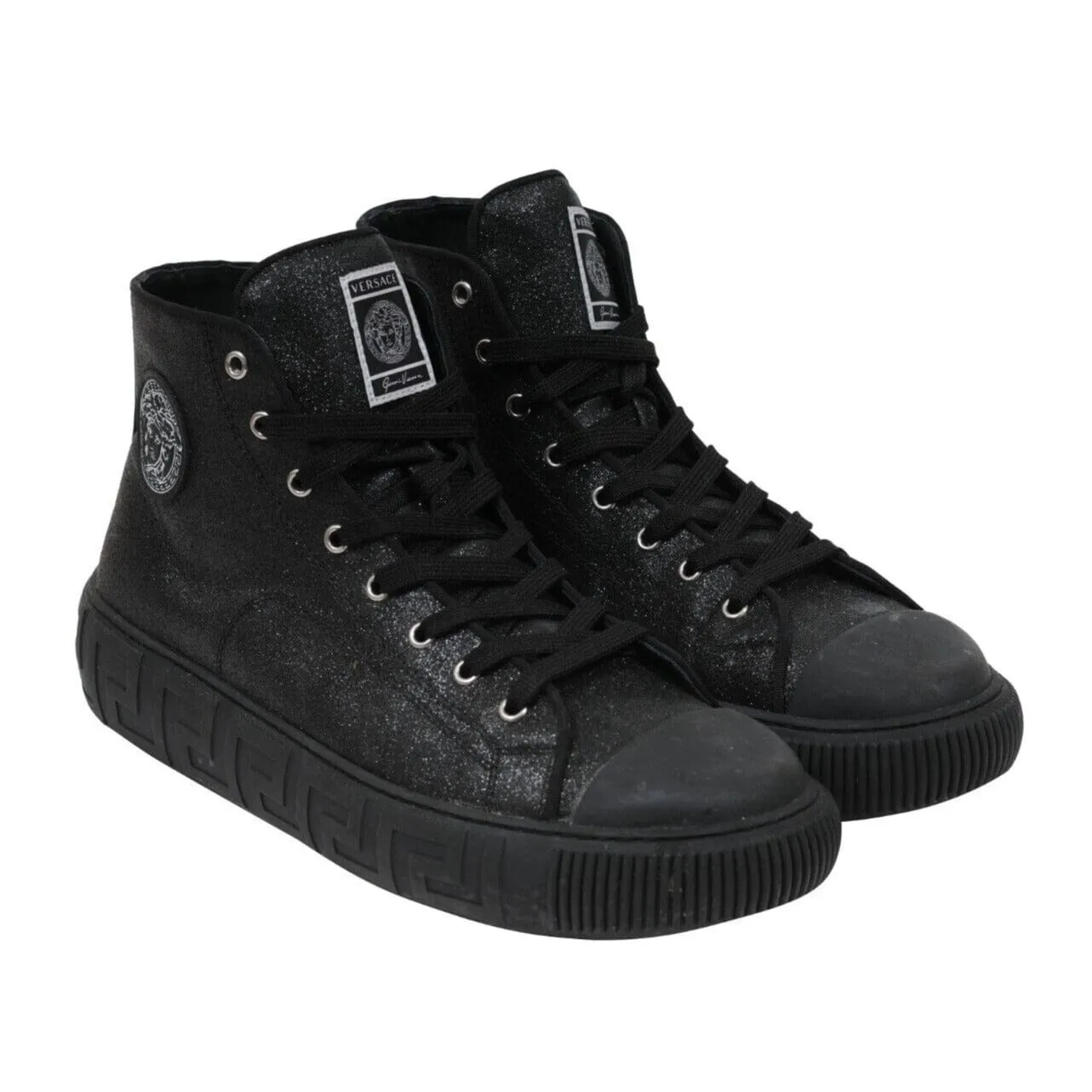 Greca High Top Sneakers Black Glitter Logo Trainers