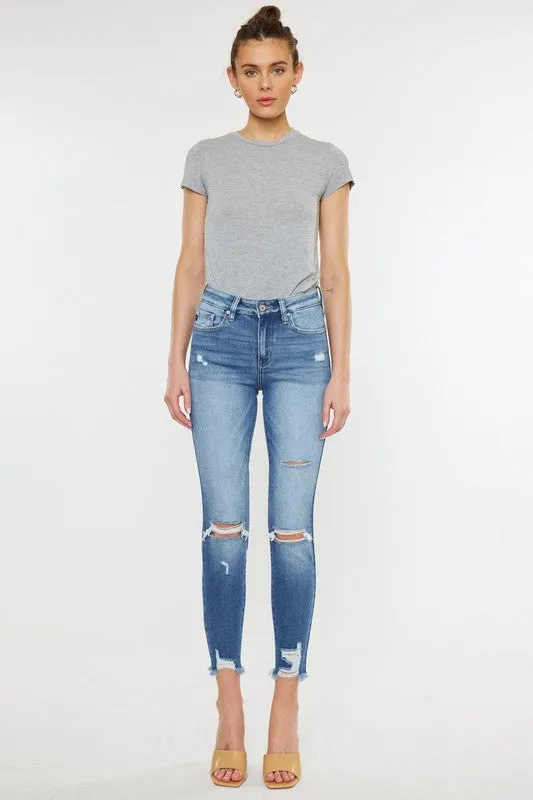 High Rise Fray Hem Ankle Skinny Jeans