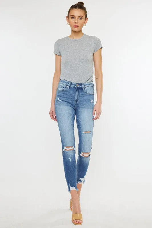 High Rise Fray Hem Ankle Skinny Jeans