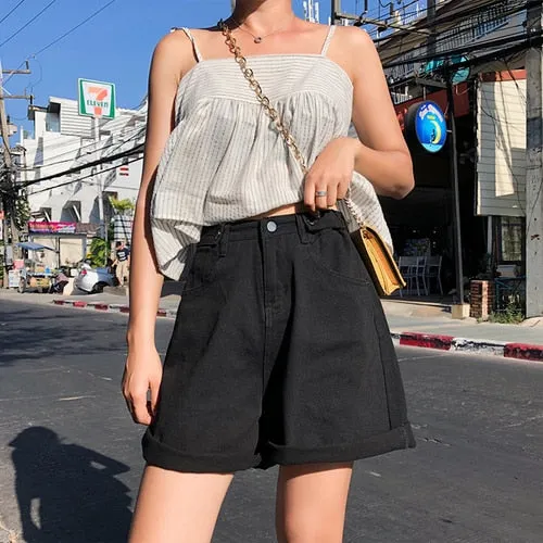 Joskaa Women Denim Shorts Hippie Button Adjust High Waist Short Harajuku Bermuda Wide Legs 2024 New Summer Cotton Jean Shorts