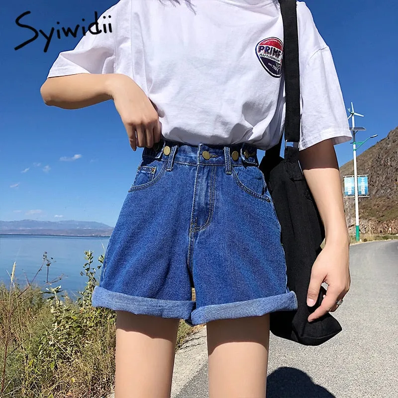 Joskaa Women Denim Shorts Hippie Button Adjust High Waist Short Harajuku Bermuda Wide Legs 2024 New Summer Cotton Jean Shorts