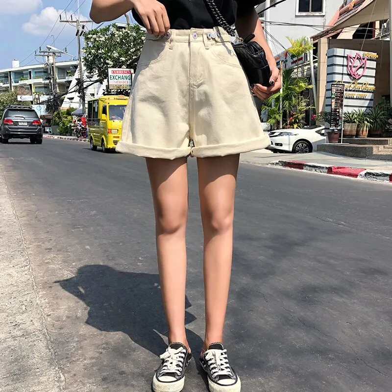 Joskaa Women Denim Shorts Hippie Button Adjust High Waist Short Harajuku Bermuda Wide Legs 2024 New Summer Cotton Jean Shorts