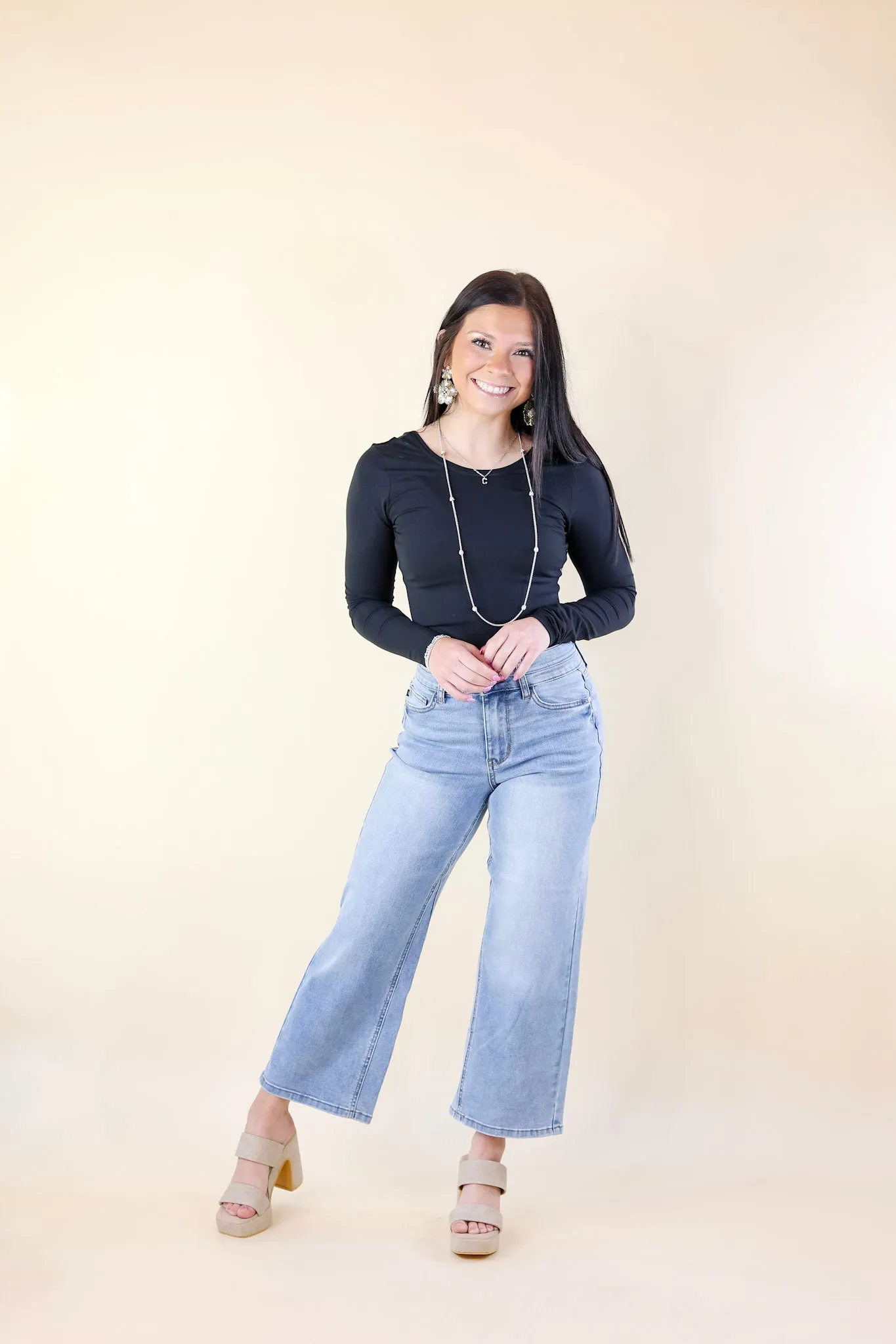 Judy Blue | Fashion Forward Double Waistband Wide Leg Cropped Jeans in Medium Wash