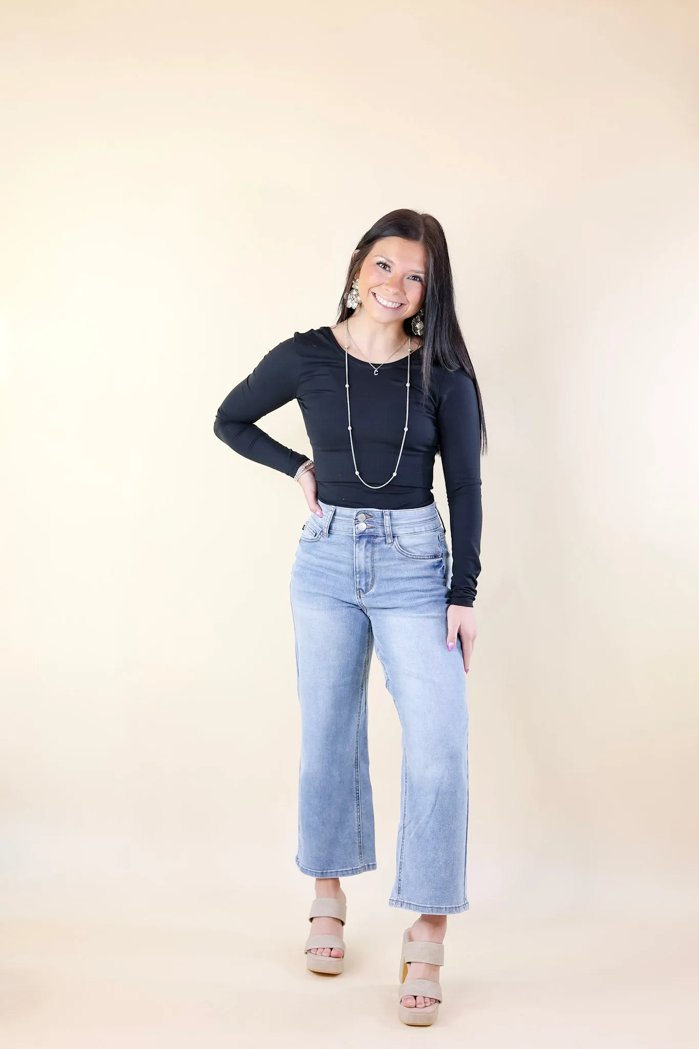 Judy Blue | Fashion Forward Double Waistband Wide Leg Cropped Jeans in Medium Wash