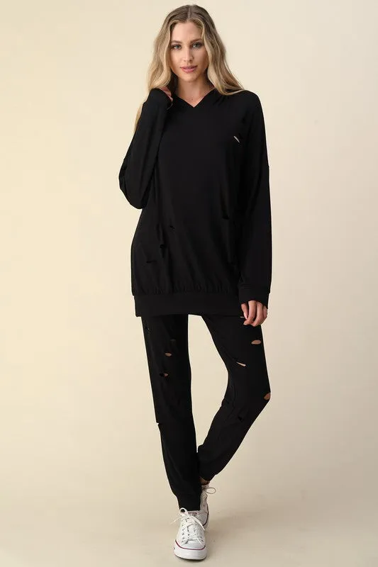 LASER CUT DETAILED HOODIE TOP W/ JOGGER PANTS - BLACK