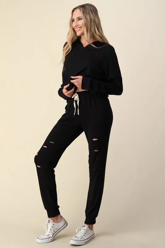 LASER CUT DETAILED HOODIE TOP W/ JOGGER PANTS - BLACK