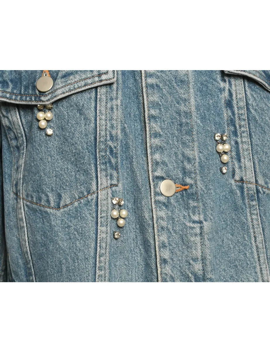 Light Wash Beaded Pearl Denim Jacket - M