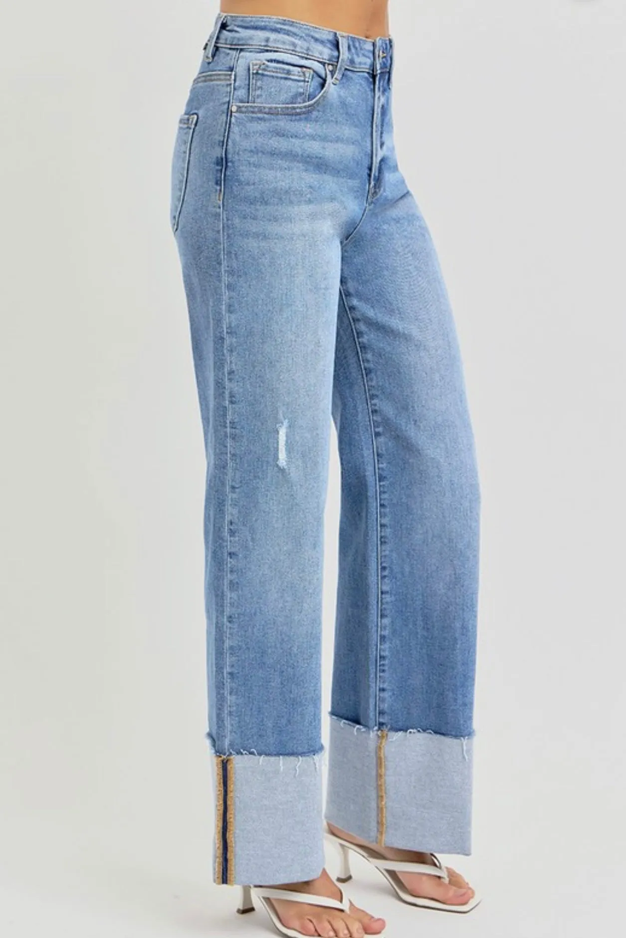 Medium Risen High Rise Wide Leg Cuffed Jeans