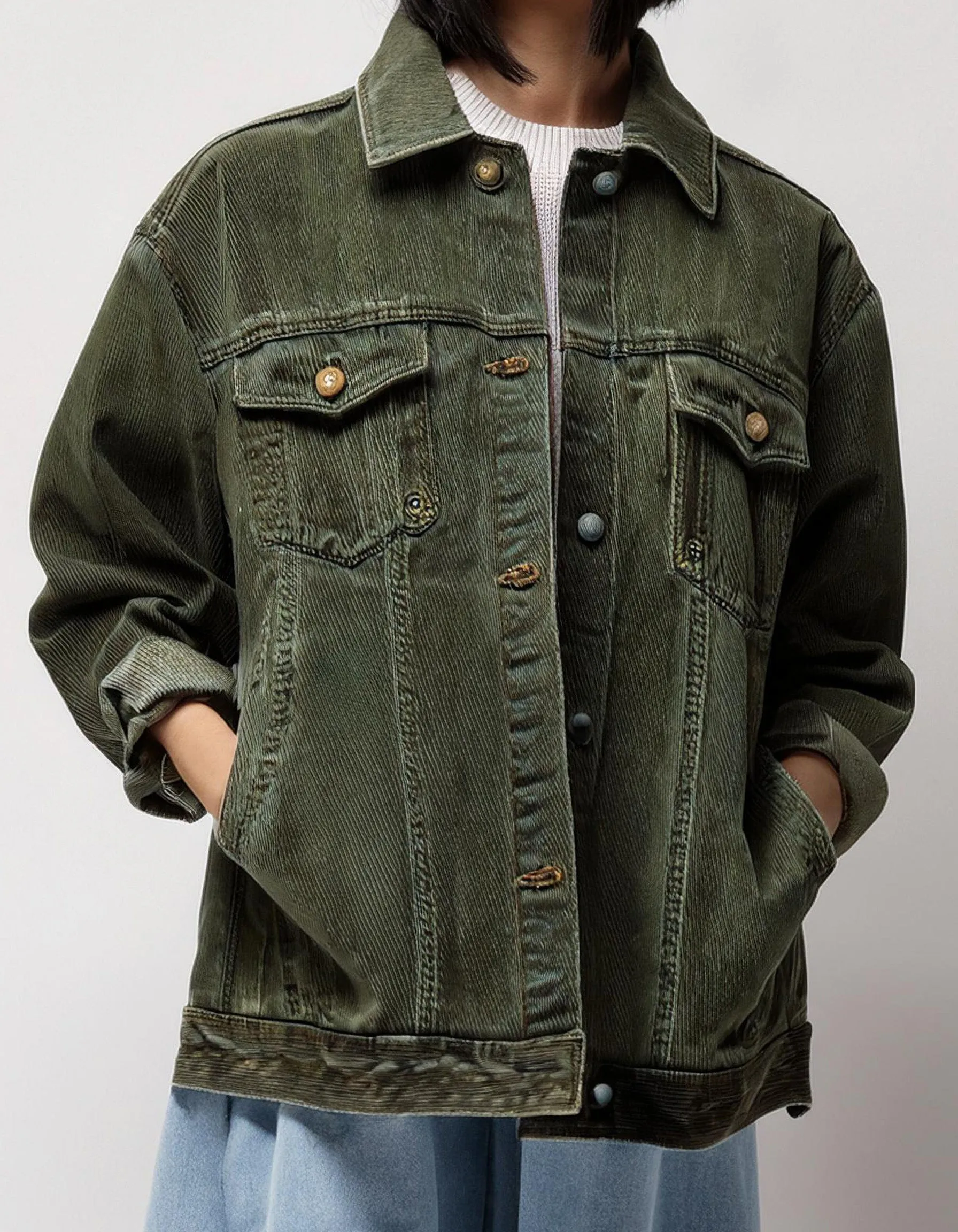 Olive Green Denim-Style Jacket