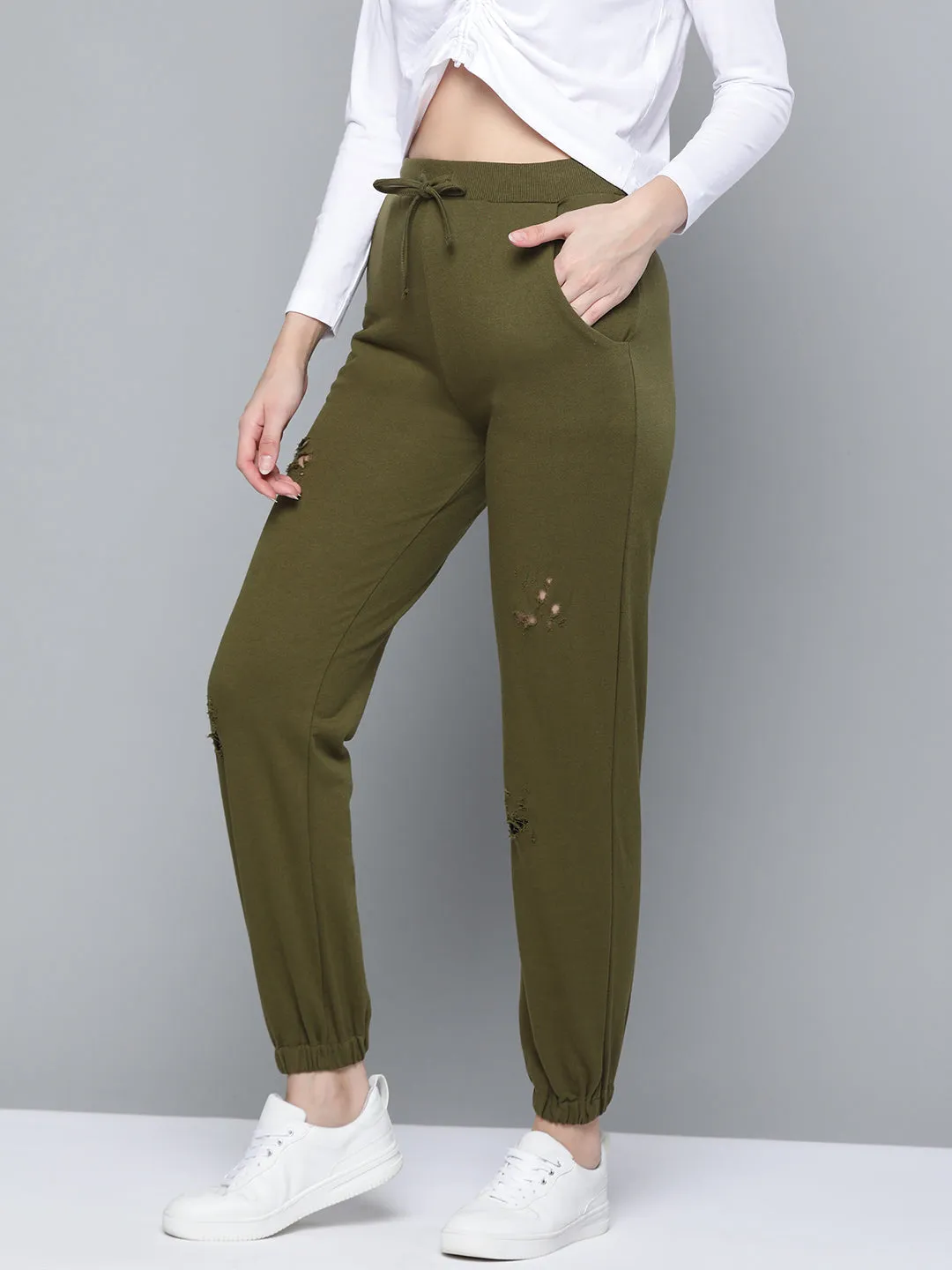 Olive Terry Ripped Joggers